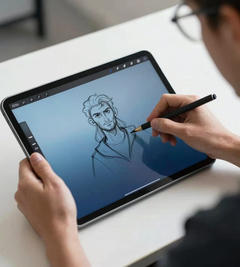 A creative professional in a modern North American / US studio, working on a large digital tablet, sketching a character. The tablet screen shows sky blue and dark navy blue tones. Lighting is bright and natural.