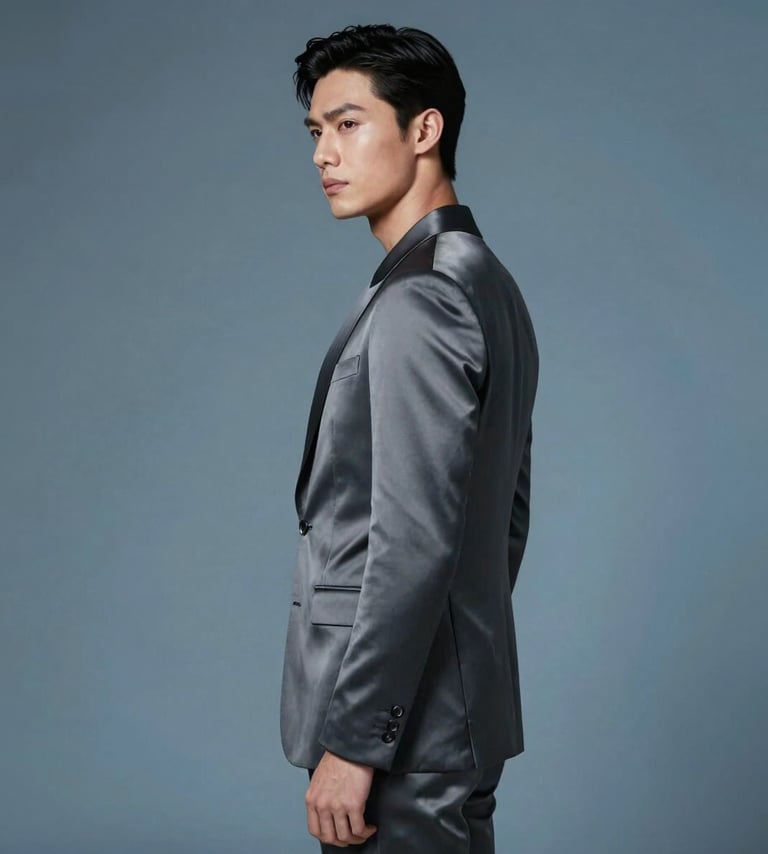 A sophisticated portrait of a model in a Charcoal silk suit, standing in profile against a textured Soft Blue background, lit with soft, professional studio lighting.