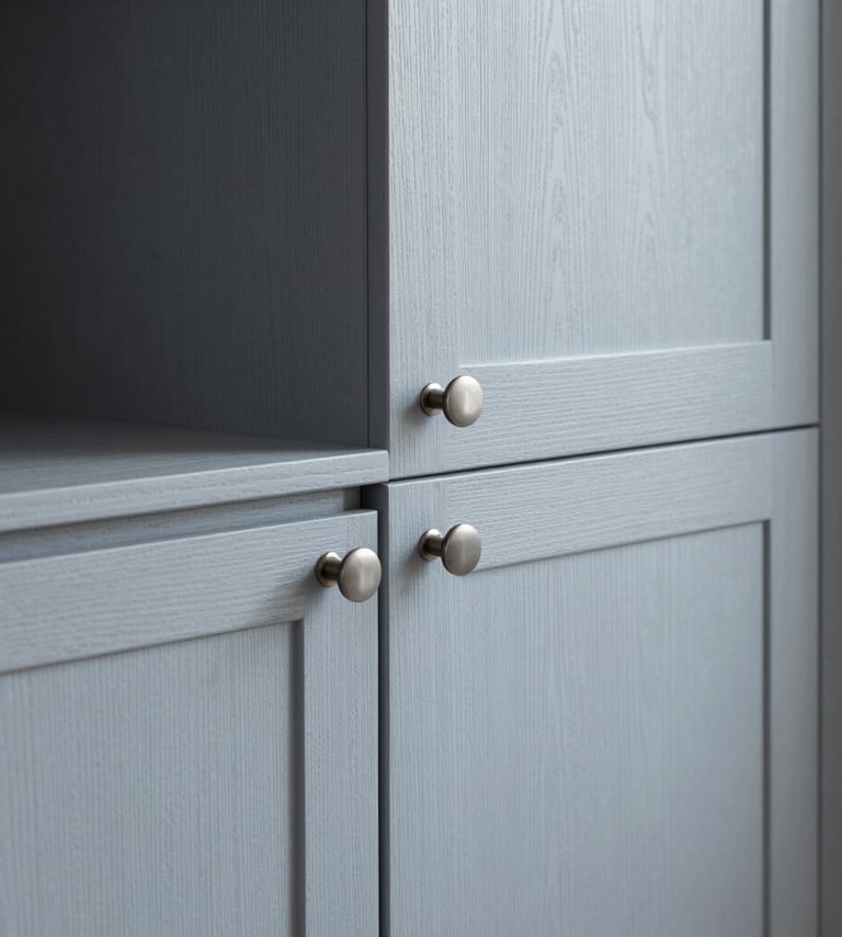 Portrait shot of a minimalist bespoke kitchen cabinet corner, showcasing the texture of light blue-grey wood and integrated hardware. High-quality craftsmanship visible in the lighting. Northern European interior.