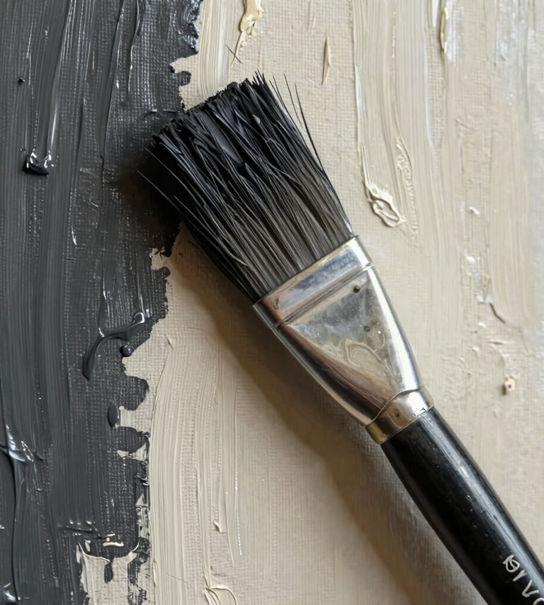 A macro photograph showing the thick, tactile brushstrokes of oil paint on a canvas. The colors are a blend of dark charcoal and cream, showcasing the artist's technique in a refined, minimalist North American studio setting.