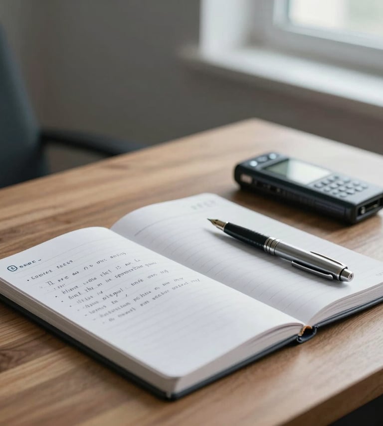 A close-up of a journalist's wooden desk featuring a professional notebook with handwritten notes, a modern fountain pen, and a high-end digital recorder. The lighting is soft and natural from a side window, emphasizing a mood of intellectual rigor. The color palette includes #263238 and #B0BEC5.