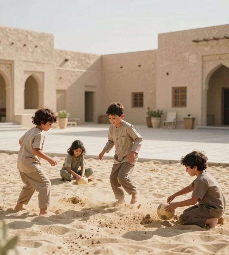 A professional lifestyle photograph of children playing in a brightly lit, modern Middle Eastern / Gulf courtyard. The composition is spontaneous and focused on real-life joy, using soft sand and soft tan colors to enhance the sunny mood.