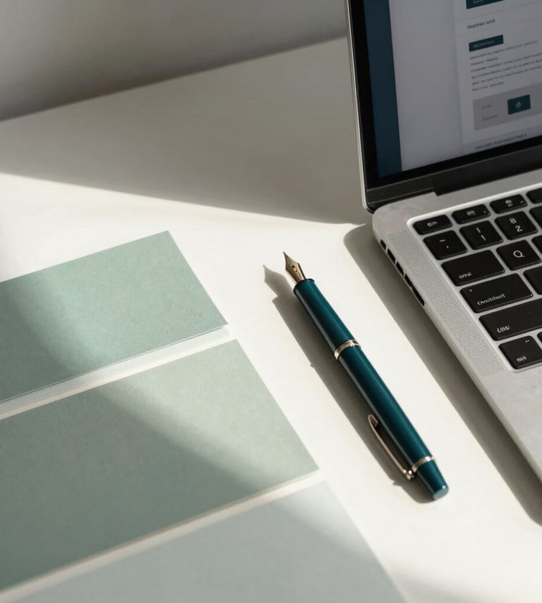 A top-down photographic view of a designer's desk in a North American / US studio. On the desk are Soft Sage colored paper swatches, a refined Deep Teal fountain pen, and a laptop showing a clean branding layout. Natural light from a window creates soft shadows across the Off-White table surface.