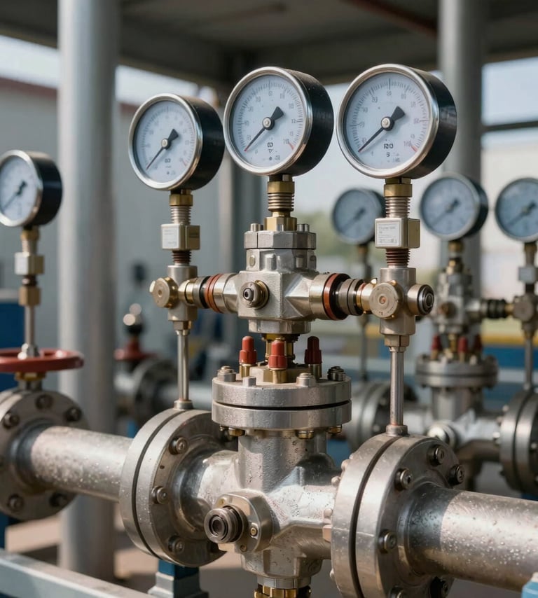 Industrial flow control facility, close-up of high-pressure steel valves and digital calibration meters, bright natural daylight, sharp technical focus.