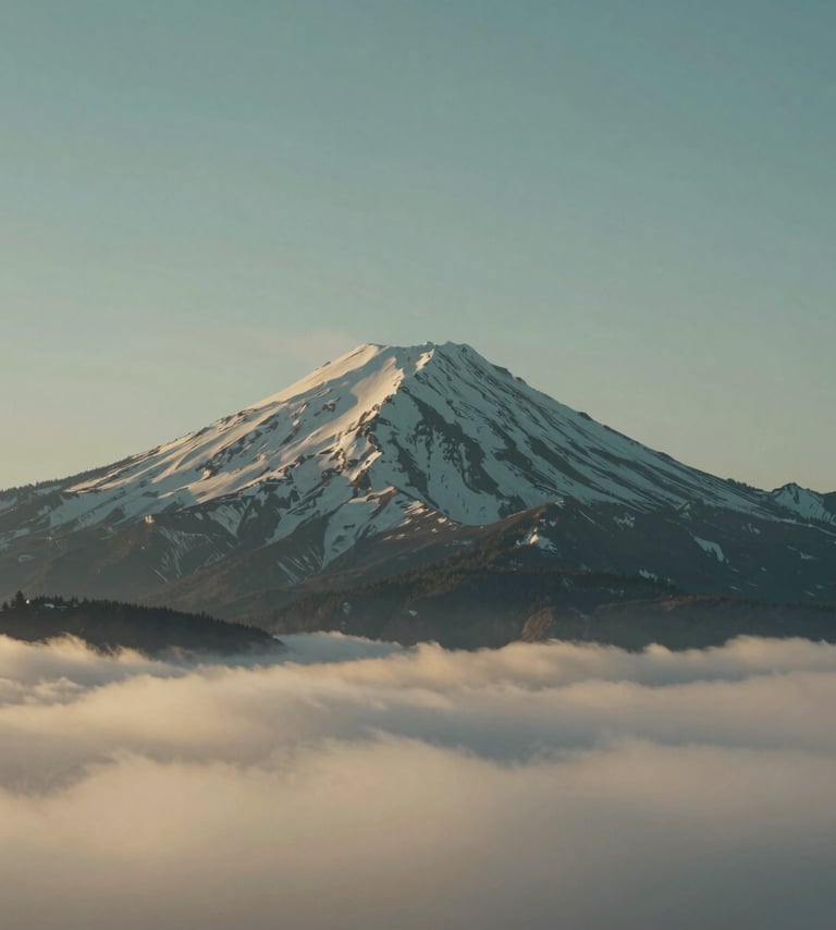 A majestic wide-shot photograph of a snow-capped mountain peak at sunrise, North American / US, with a foreground of soft off-white clouds and hints of muted teal sky, professional artistic expression, minimalist framing.
