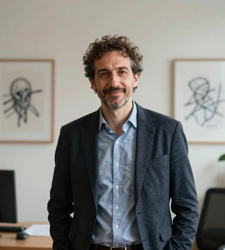 A professional portrait of a cultural curator in a stylish European / French office environment. The background shows a soft off-white wall with modern art sketches. The lighting is flattering and professional, highlighting a sense of leadership and creativity.
