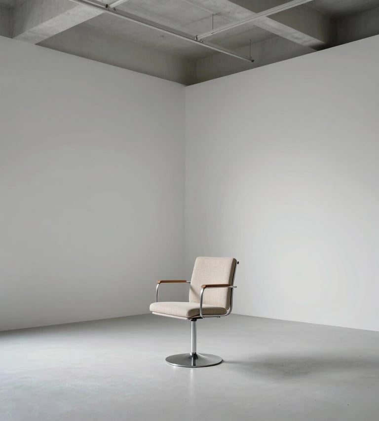An interior shot of a minimalist photography studio with white walls and high ceilings. A single designer chair sits in a pool of soft light. Clean, spacious, and sophisticated atmosphere. Global / Hispano design aesthetic.