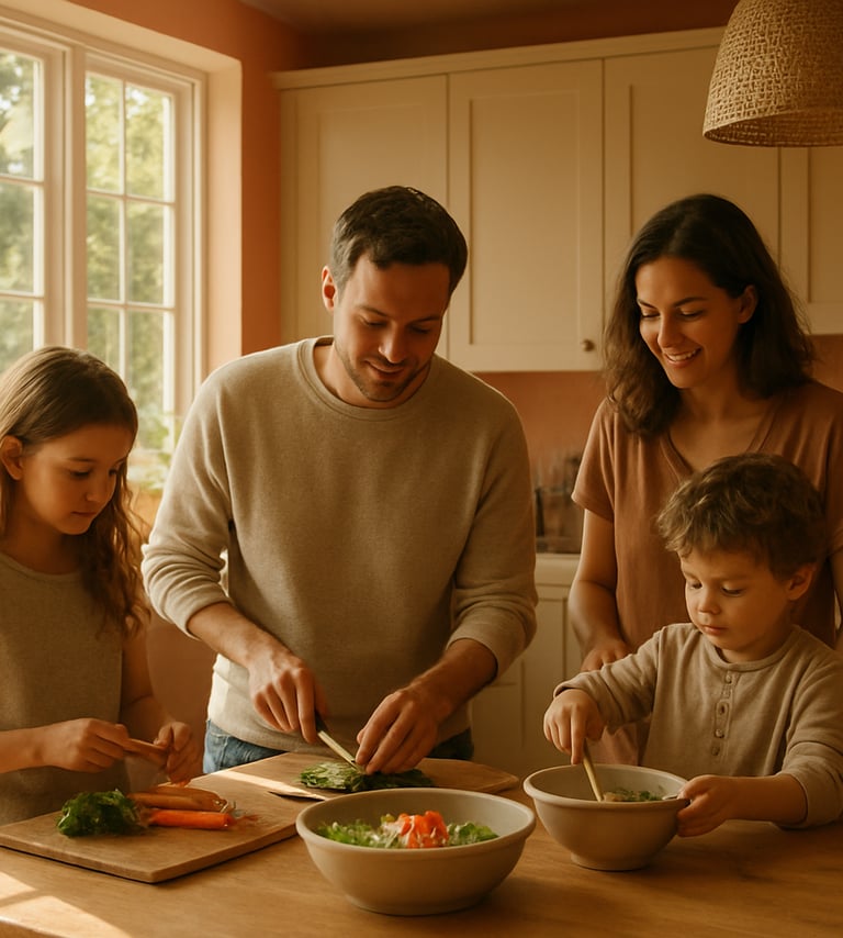 A candid lifestyle photograph of a family preparing a meal together in a warm, cinematic North American kitchen. Sun-drenched lighting through large windows, with earthy terracotta and soft sand accents.