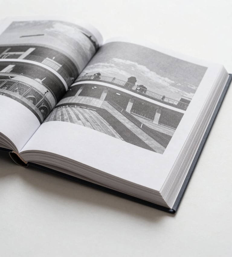 Photography of an open art book on a clean white surface. The pages show black and white architectural photography. The lighting is bright and even, highlighting the paper texture and the minimalist layout.