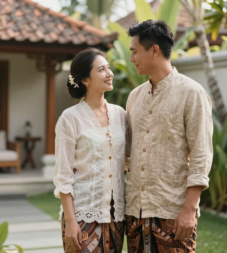 An elegant portrait of a couple in traditional but modern linen attire standing in a sun-drenched Bali villa garden, warm tones #C7B7A3, soft focus, high-end travel aesthetic.