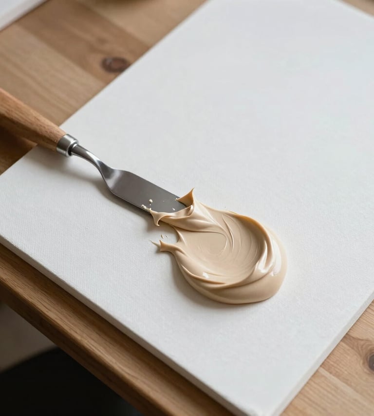 A top-down, elegant photograph of a clean wooden table with a metal palette knife spreading thick, soft beige molding paste onto a white canvas. Soft natural light highlights the peaks of the texture. North American / Western art studio setting.