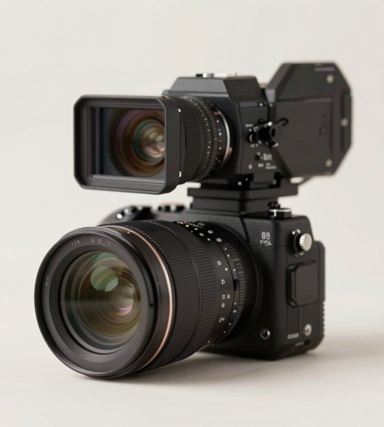 A professional and elegant studio shot of a high-end cinema camera and photography lens resting on a minimalist surface. The background is a clean #F5F2EC, emphasizing the craftsmanship of the equipment in #1A2F3C tones. Inspiring and trustworthy.