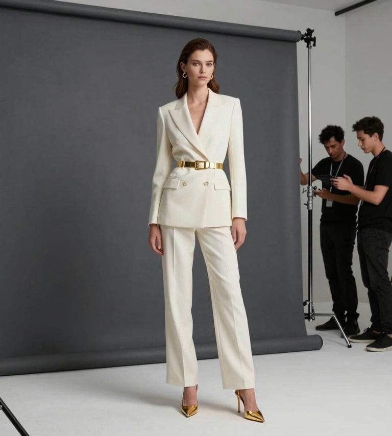 High-end luxury fashion photography behind the scenes, dark slate grey and soft off-white tones, gold accents, professional crew working in a sophisticated North American / US studio setting, cinematic lighting, sleek, premium atmosphere.