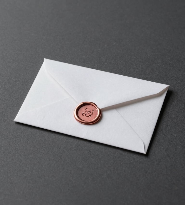 A minimalist and professional still life featuring a small white envelope and a rose gold wax seal on a charcoal gray background. Elegant, understated, and sophisticated European design.