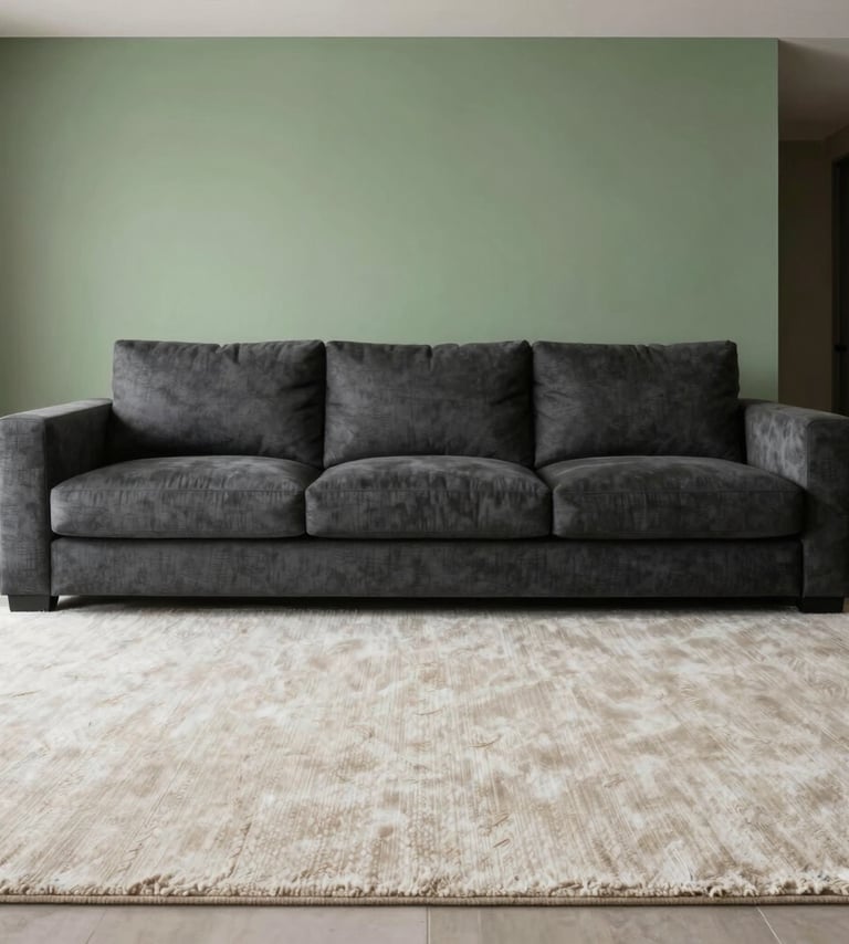 Interior photography of a luxury living room in São Paulo, featuring a charcoal sofa, off-white rugs, and sage green decorative elements, minimalist and elegant composition.