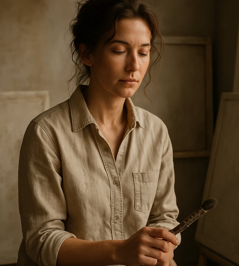 A soulful photography portrait of a female artist in her studio, surrounded by canvases. She is holding a brush, her expression calm and connected. The lighting is soft and natural, with a palette of earthy taupe and pale cream. Soulful and organic elegance.