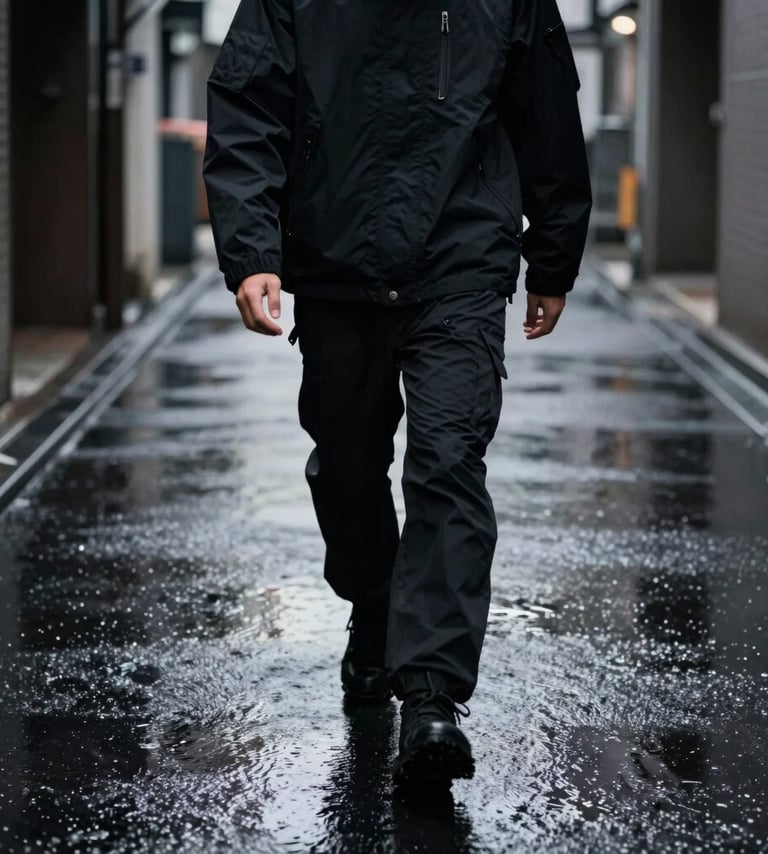 Cinematic low-angle shot of a figure in a high-end black techwear jacket walking through a dark, rainy Tokyo alleyway. Deep Obsidian Black and Charcoal Slate shadows dominate the frame, accented by glowing Platinum Silk neon light reflections on the pavement.