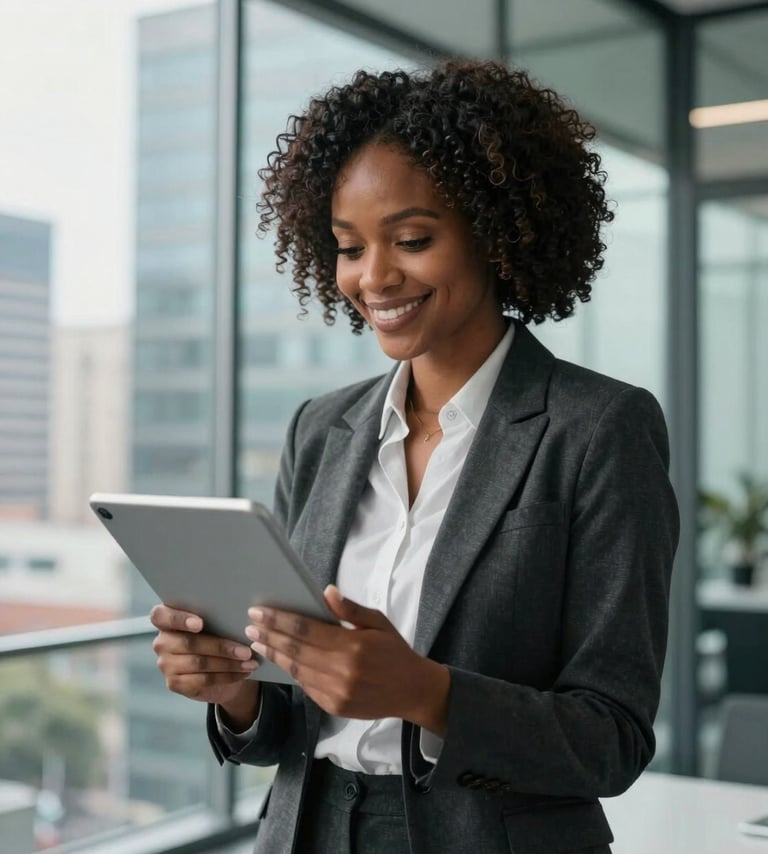A high-end portrait of a professional woman in a sleek, glass-walled office in a modern African city, Global / African diaspora, looking at a tablet with a confident smile. Soft natural morning light with charcoal and teal accents.