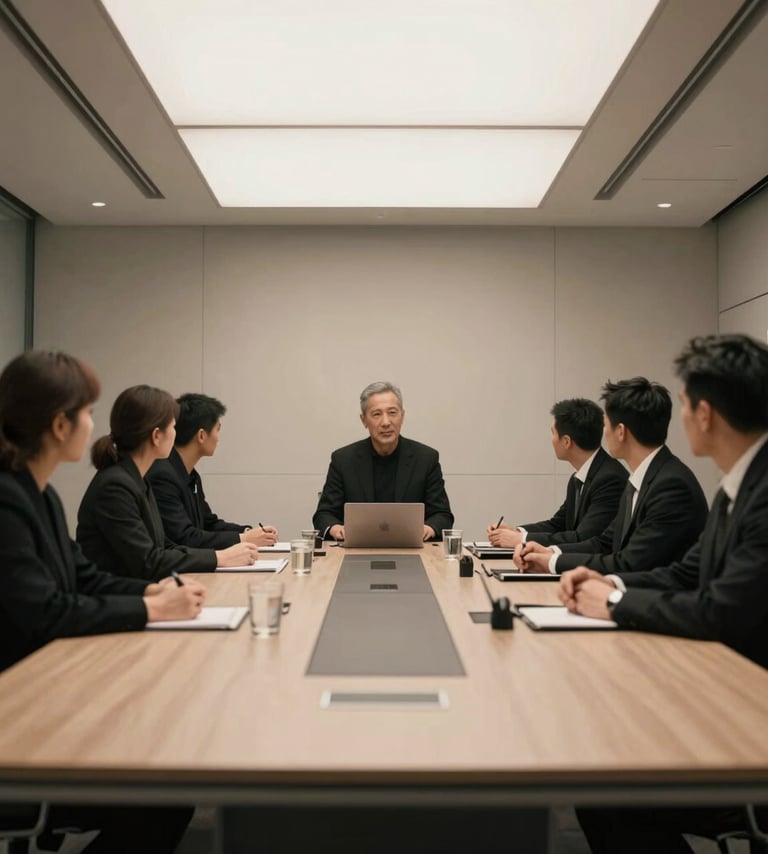 A cinematic, low-angle shot of a modern office meeting that looks like a war room. Edgy atmosphere, participants wearing black, strong contrast with beige highlights (#F5F5DC). No stock feeling.