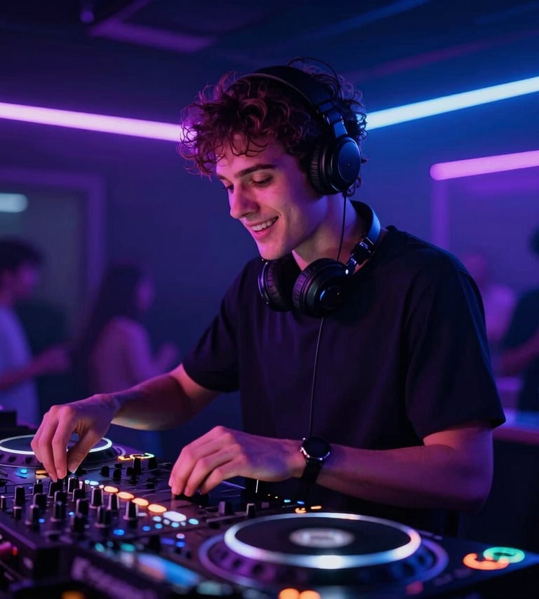 NICKY AWAKE in a dark DJ booth, energetic expression, vibrant purple and blue ambient lighting from neon tubes reflecting on the mixer, professional nightlife photography, #0A0A0F and #7A7CF1 tones.