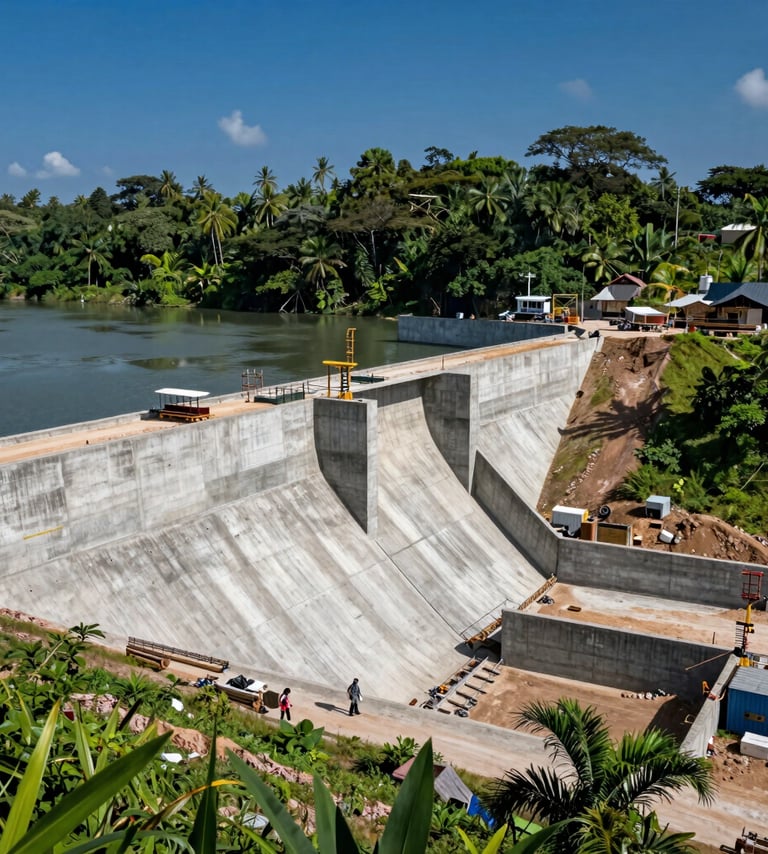 A high-angle professional photograph of a modern civil engineering site in Indonesia. The scene features a clean concrete dam structure integrated into a tropical environment with lush greenery and a slate grey river. The lighting is bright and crisp, highlighting the textures of the construction against a deep blue sky.