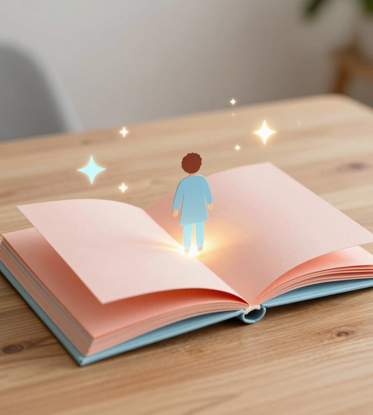 A whimsical hero shot of a physical pop-up book open on a soft wooden table. Glowing holographic stars and soft light emanate from the pages. The lighting is warm and magical. Palette uses soft coral #FFC6A6 and sky blue #A6D1FF accents. Modern, clean photography style.