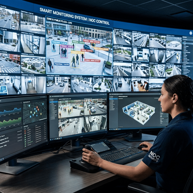 An image of a high-tech modern Network Operations Center (NOC) control room.