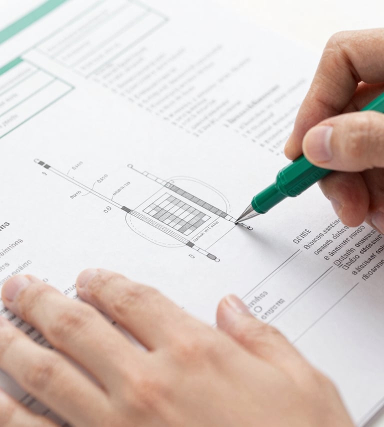 Extreme close-up of hands reviewing technical documentation, showing detailed schematics and material specifications, bright high-key studio lighting, clean emerald and white tones, sharp focus.