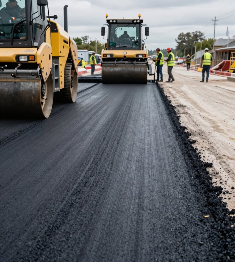 Wide panoramic active road construction site, asphalt paving machine laying fresh dark surface in the left foreground, crew in high-visibility vests operating compaction roller in mid-ground, overcast natural daylight eliminating harsh shadows, aggregate texture clearly visible in the freshly laid strip, open site horizon to the right