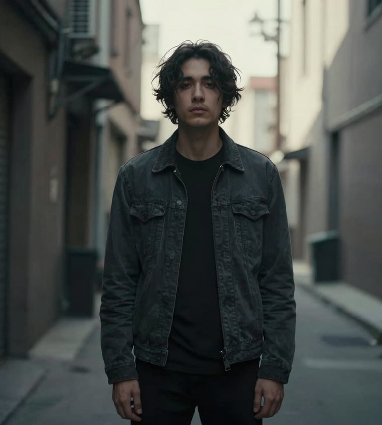 A moody, cinematic portrait of a solo musician in a charcoal jacket standing in a dimly lit North American alleyway. Soft off-white light catches the silhouette against deep gray shadows.