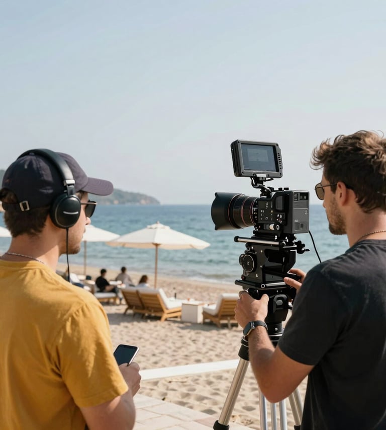 Behind the scenes of a 360-degree video production at an upscale beach club in Bodrum, Middle Eastern / Turkish setting, professional gear visible, bright daylight, minimal and clean aesthetic with mustard yellow highlights.