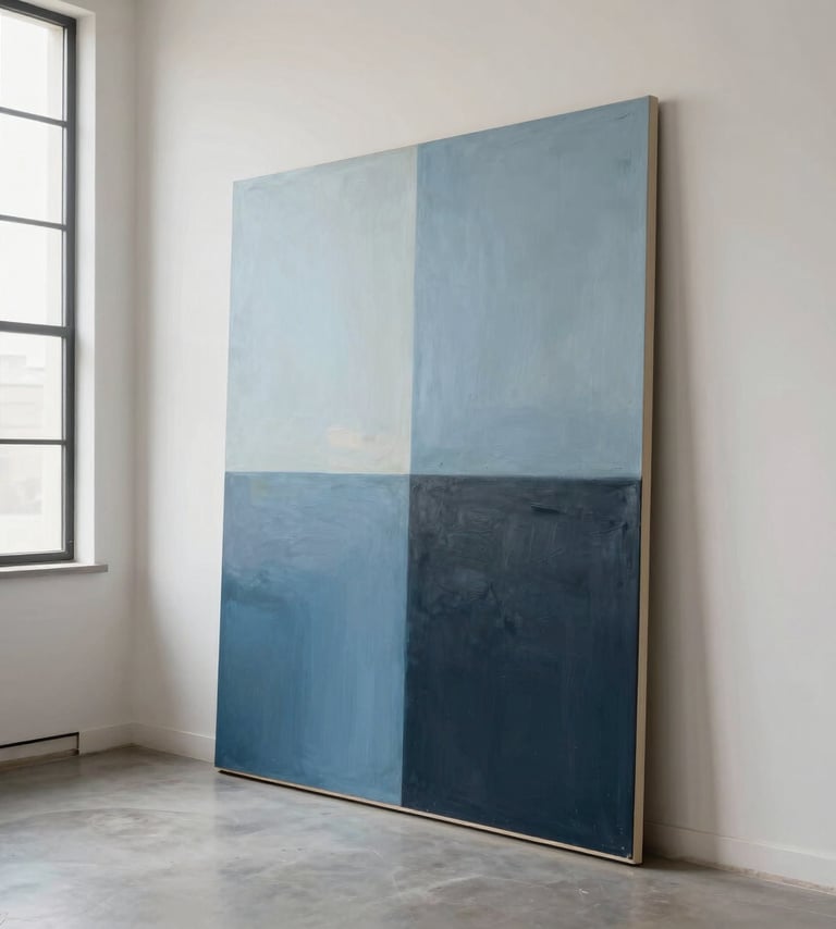 A high-end contemporary art studio in a Latinoamericano / Español setting, a massive abstract canvas leaning against a clean off-white wall, featuring gradients of pale blue and dark slate, soft morning light coming from a large industrial window, minimalist and sophisticated atmosphere.