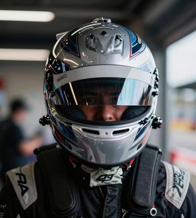 A professional portrait of a racing driver wearing a sleek racing helmet with the visor down, reflecting the bright lights of a modern US circuit paddock, high contrast lighting with deep black shadows and bright silver gray highlights.