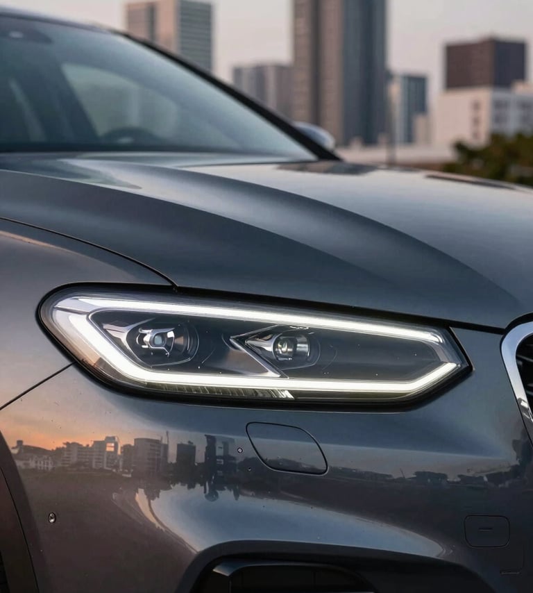 A close-up of a modern, polished car headlight with sleek lines, professional studio lighting highlighting the dark and charcoal gray body, set against a blurred Latin American urban skyline at dusk.