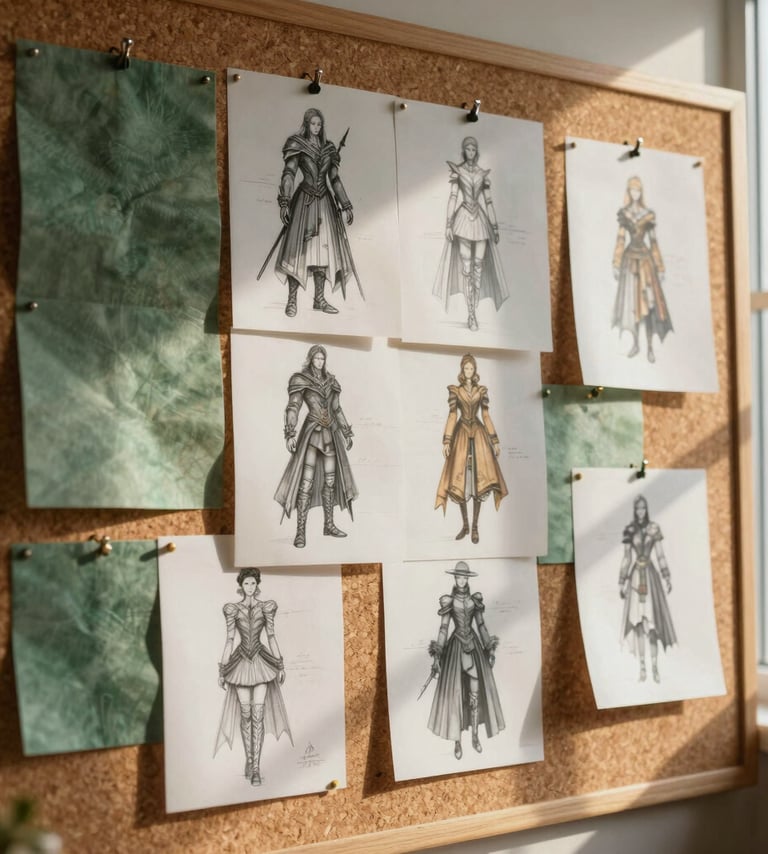 A designer's sketches of high-fantasy clothing pinned to a corkboard, with soft green fabric swatches and golden sunlight streaming from a window, Western / Global.
