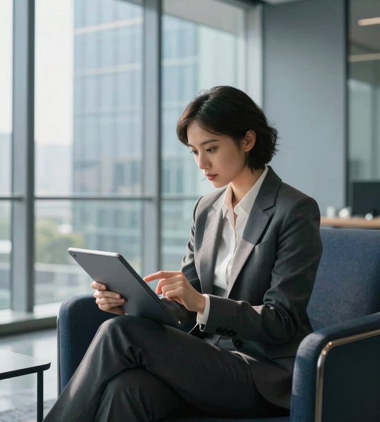 A focused professional in a modern, glass-walled office, dressed in a sharp business suit, reviewing analytics on a tablet. The environment is sophisticated with dark charcoal blue furniture accents and soft blue-grey walls, illuminated by bright, natural morning light.