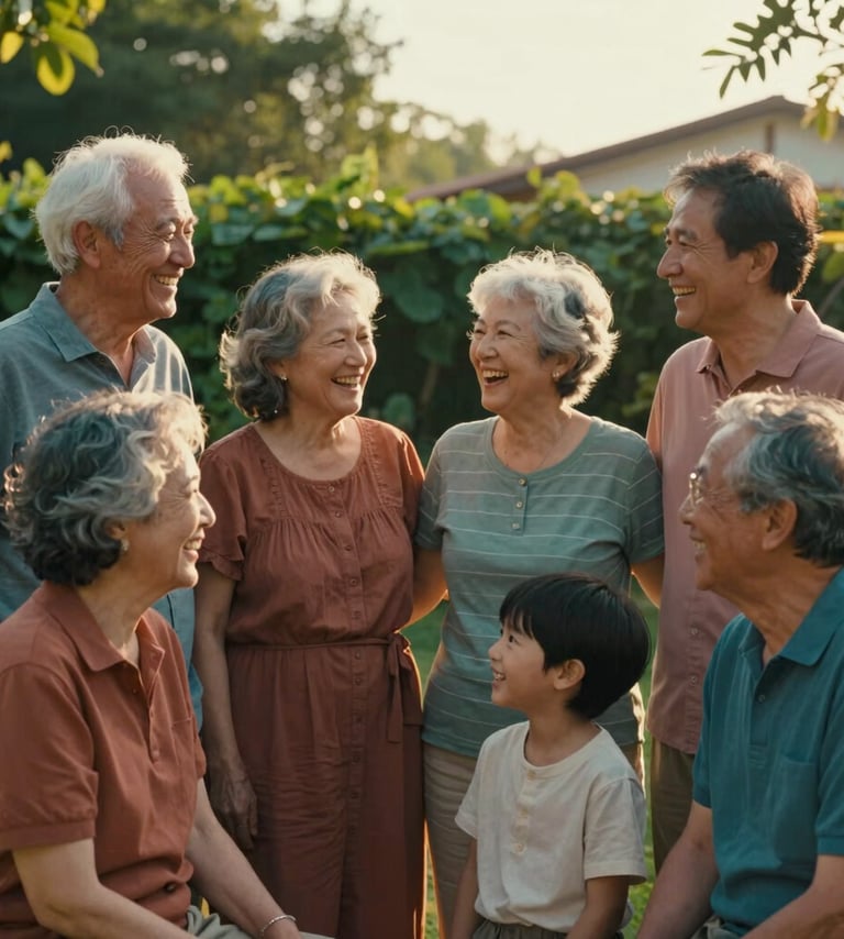 Cinematic photography of a multi-generational family laughing together in a garden during golden hour. The sunlight is soft and sun-drenched, illuminating their faces. Touches of teal green in the foliage and terracotta in their casual clothing create a warm, authentic atmosphere.