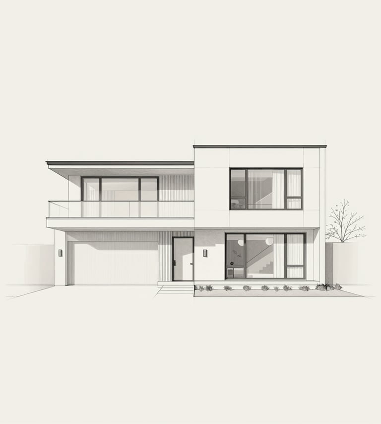 An elegant, minimalist architectural drawing showing a section of a contemporary residence. Thin, precise lines on an off-white #FBF9F6 background with charcoal #2F2E2E accents. Clean and professional.