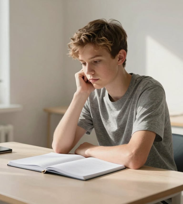 A candid photography shot of a young teenager sitting at a clean, minimalist desk in a sunlit North American room, looking thoughtfully at a notebook, surrounded by subtle academic elements, natural soft lighting, using a palette of light beige and stone grey.