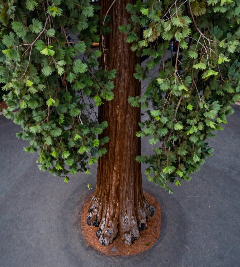A vertical aerial shot looking straight down the trunk of a giant sequoia toward its base in a backyard in Eugene, Oregon. The dark slate gray street provides a textured background to the vibrant green branches.