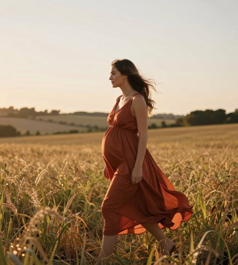 Photography of a pregnant woman in a flowing terracotta dress walking through a sun-drenched field in the French countryside. The light is warm and cinematic, catching the golden hour glow. Natural, authentic style with a soft focus on the landscape.