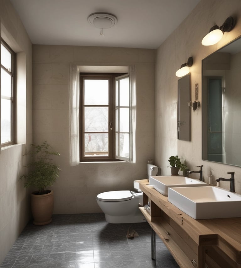 a bathroom with two sinks and mirrors along with a toilet