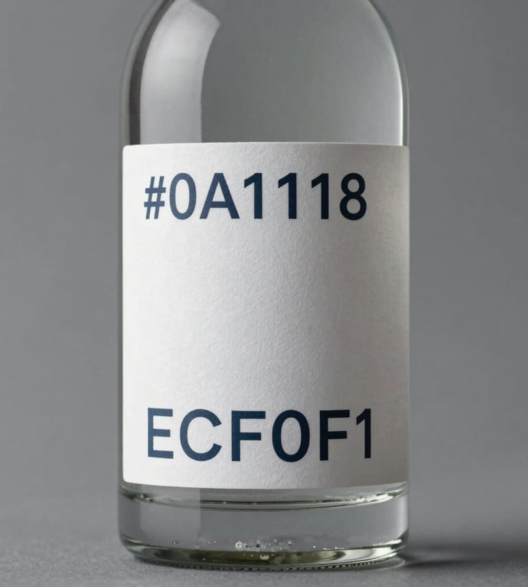 A studio product shot of a high-end glass bottle with a minimalist label design. The label uses #0A1118 text on #ECF0F1 paper. The lighting is crisp and professional, highlighting the meticulous craftsmanship of the bottle's silhouette and the label's texture.