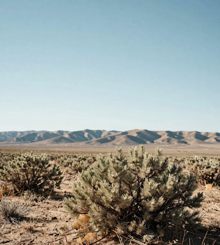 A vertical portrait of the high desert landscape. In the foreground, a cluster of sagebrush is sharply detailed against a background of rolling hills and a vast, empty sky. The lighting is bright and airy, reflecting a sense of peace and professional quality. North American / US - Northeast Nevada.