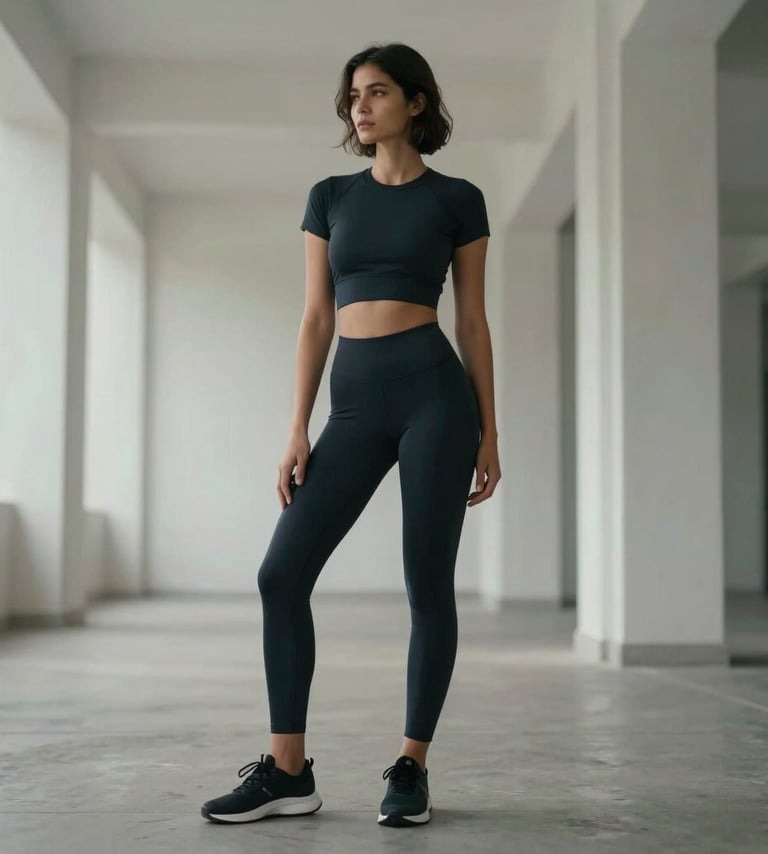 A high-fashion inspired portrait of a person in minimalist dark athletic wear standing in a white architectural space, North American / US context, soft cinematic lighting, elegant pose.