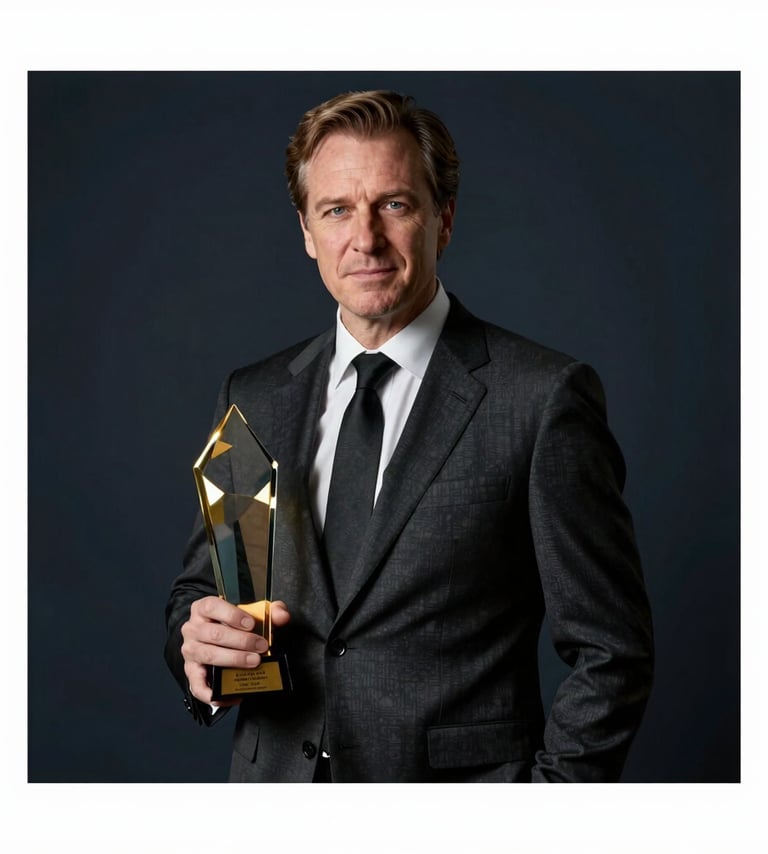A high-end, sophisticated portrait of Frank Artus in a dark charcoal suit, standing with artistic gravitas. The lighting is dramatic and moody, with gold highlights (#A88B57) reflecting off a glass award in his hand. Background is a deep, elegant #1A1C20.