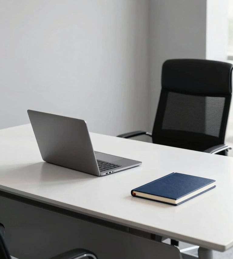 A minimalist, high-end executive desk in a Latin American corporate office. Clean lines, a single laptop, and a notebook in midnight blue and snow white.