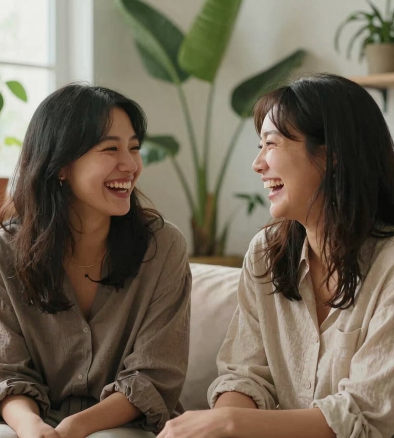 A warm, candid photograph of two people laughing during a conversation in a room filled with plants. Soft natural light. The people are wearing earthy taupe and soft beige clothing. The mood is relaxed and authentic.