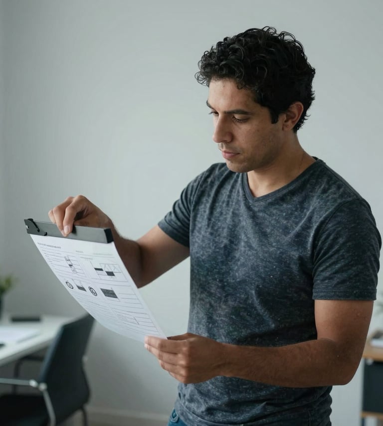 A professional portrait of a filmmaker analyzing a storyboard in a bright, minimalist Latin American / Hispanic office space, with cloud grey and soft blue-grey lighting.