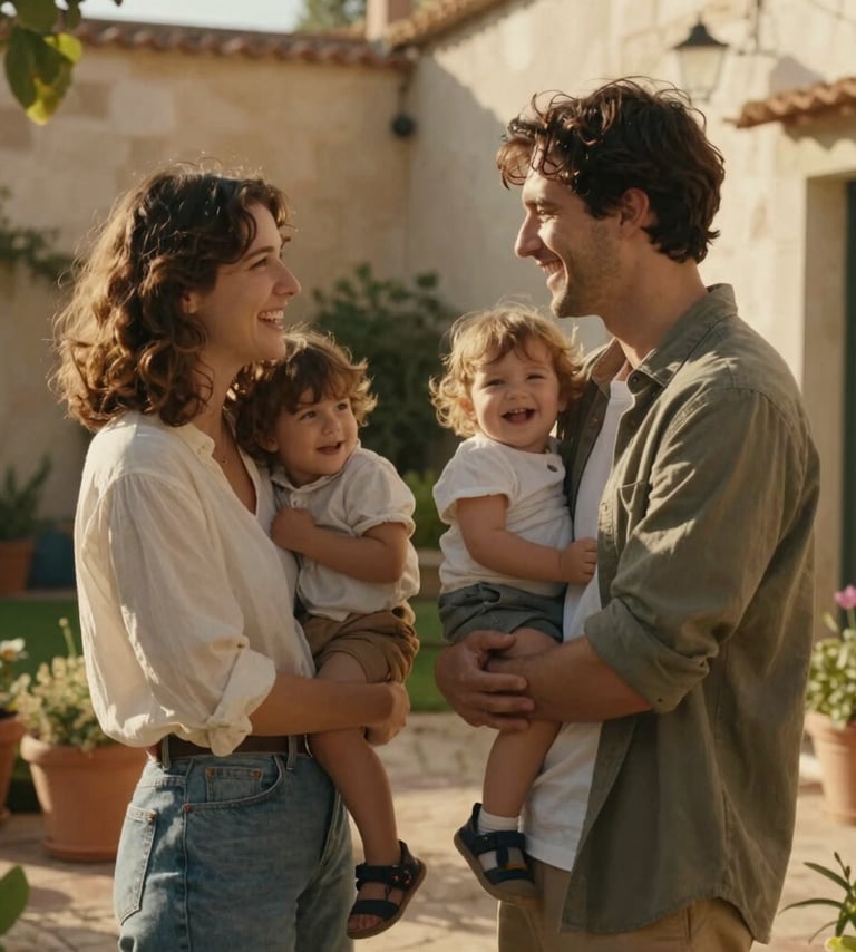 Cinematic outdoor portrait of a young family laughing together in a sun-drenched European Portuguese garden. The lighting is warm and golden, casting soft shadows. The setting features terracotta pots and sand-colored stone walls. Authentic, spontaneous interaction, professional lifestyle photography.